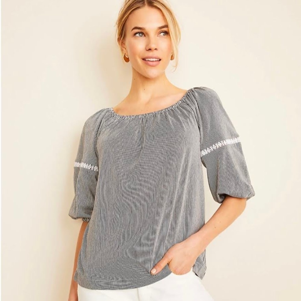 Ann Taylor Striped Lace Trim Lantern Sleeve Top Black /White Size L